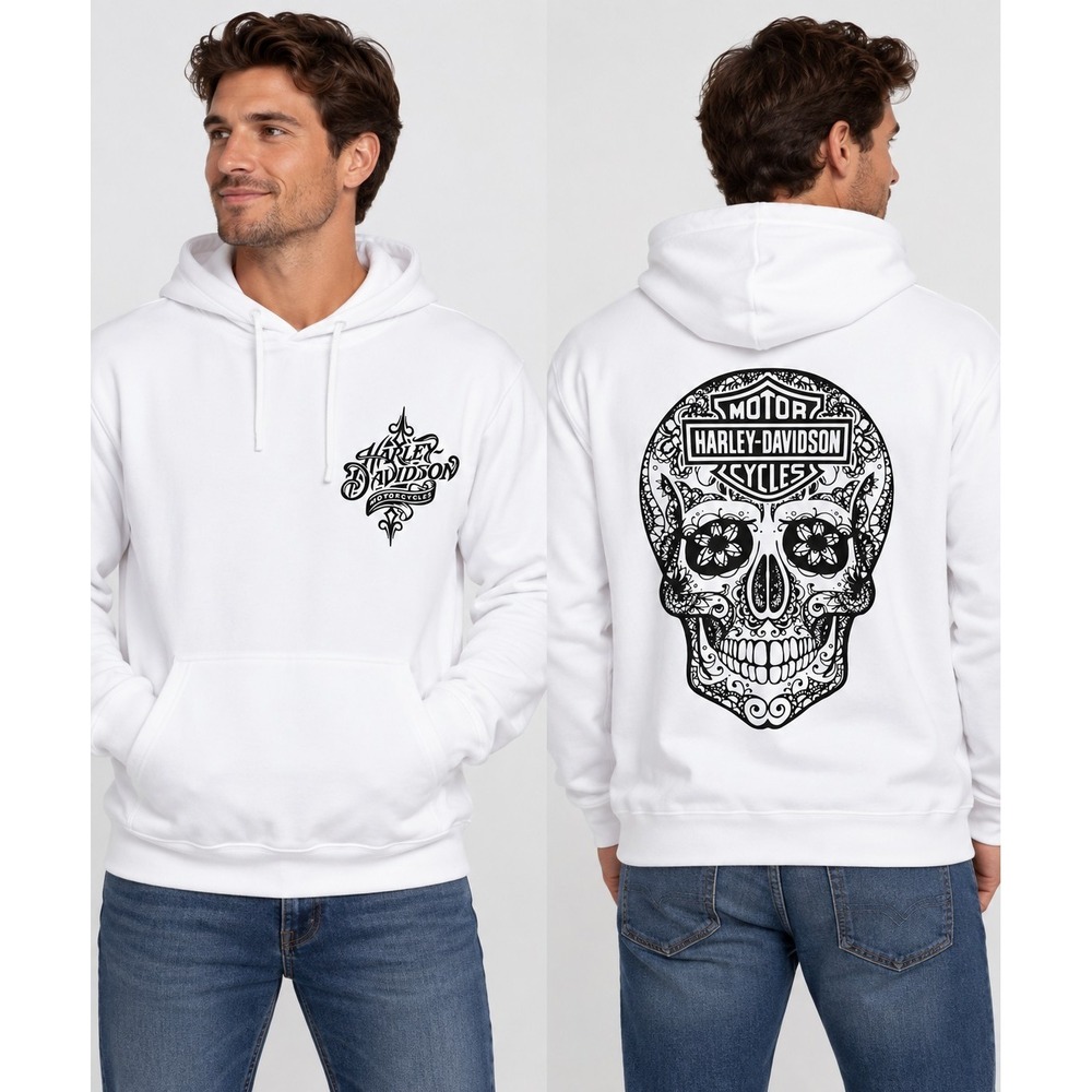 Harley-Davidson Men's Full Zip Hoodie 2XL Skull Y2k